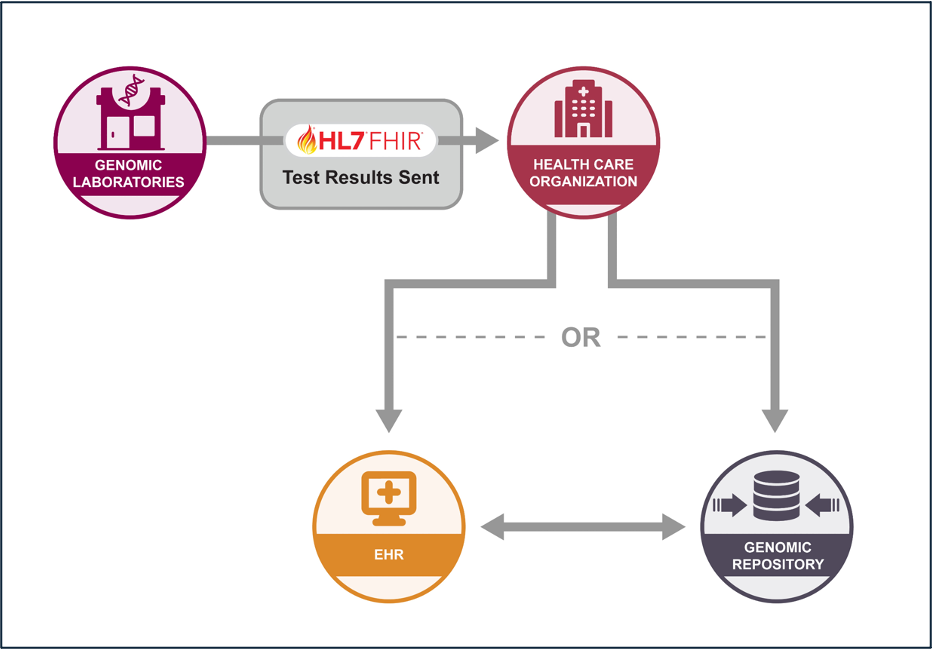 GenomeX use case diagram showing the workflow for standardized exchange of genomics using FHIR.