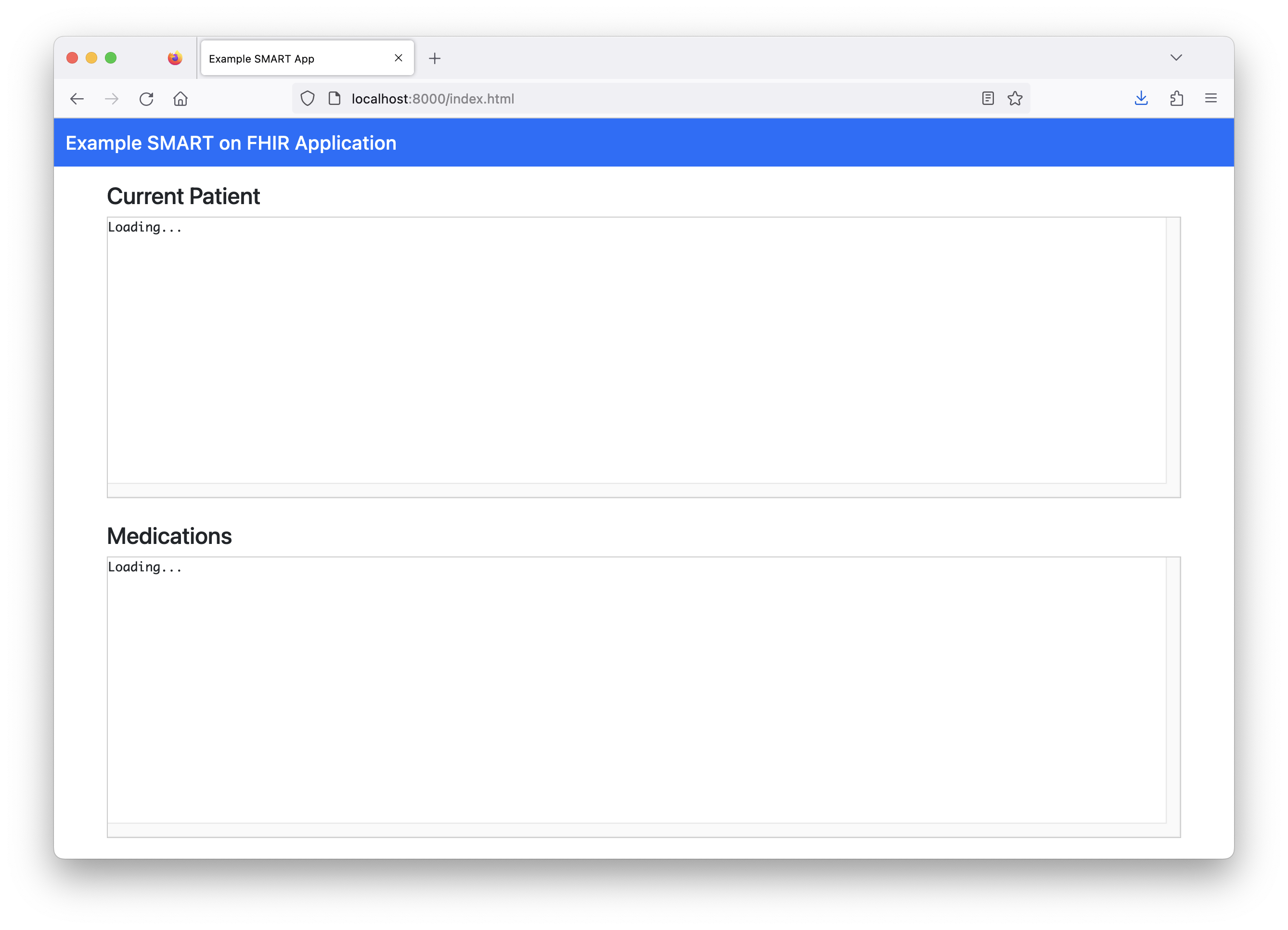 Screenshot showing example SMART on FHIR application, displaying "loading..." for the patient and medication data.